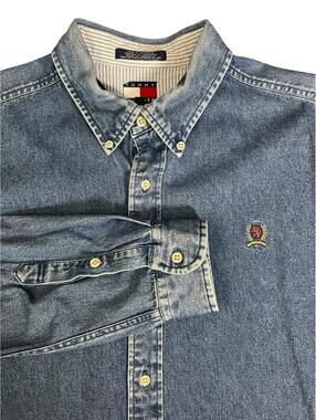 Tommy Hilfiger Shirt Mens Large Blue Denim Button Front Crest Logo Casual